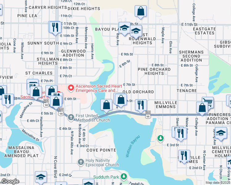map of restaurants, bars, coffee shops, grocery stores, and more near 610 Cypress Avenue in Panama City