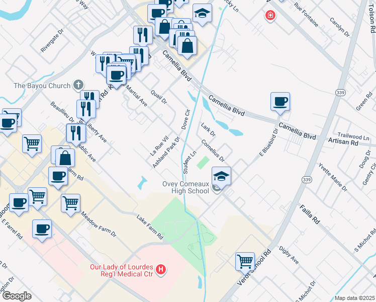 map of restaurants, bars, coffee shops, grocery stores, and more near 204 Student Lane in Lafayette