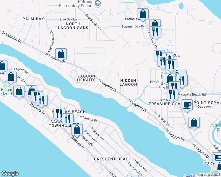 map of restaurants, bars, coffee shops, grocery stores, and more near 6901 North Lagoon Drive in Panama City