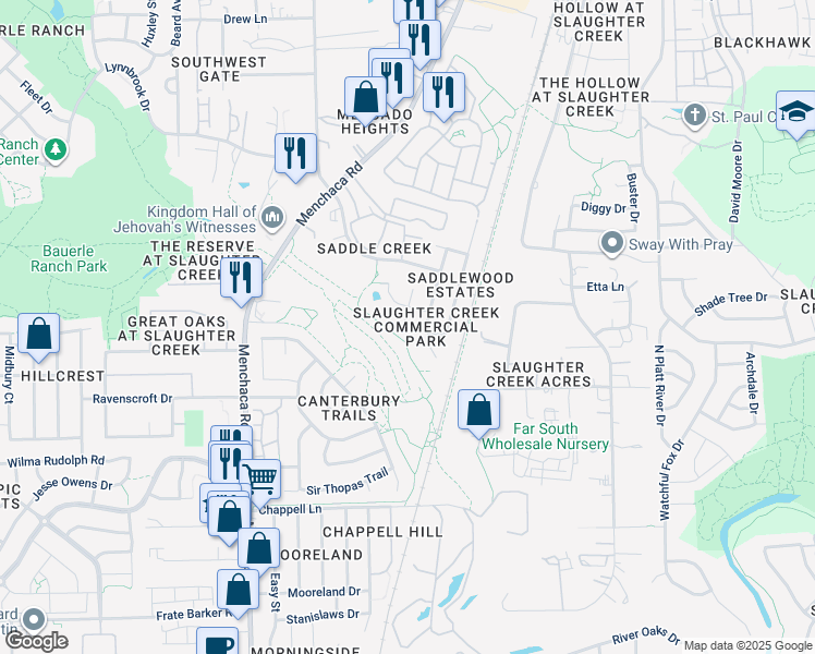 map of restaurants, bars, coffee shops, grocery stores, and more near 10715 Razil Court in Austin