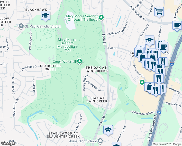 map of restaurants, bars, coffee shops, grocery stores, and more near 408 Island Oak Drive in Austin