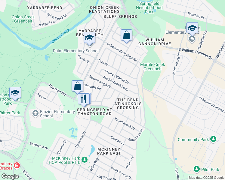 map of restaurants, bars, coffee shops, grocery stores, and more near 7904 Rosenberry Drive in Austin