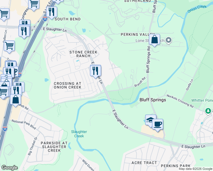 map of restaurants, bars, coffee shops, grocery stores, and more near 801 East Slaughter Lane in Austin