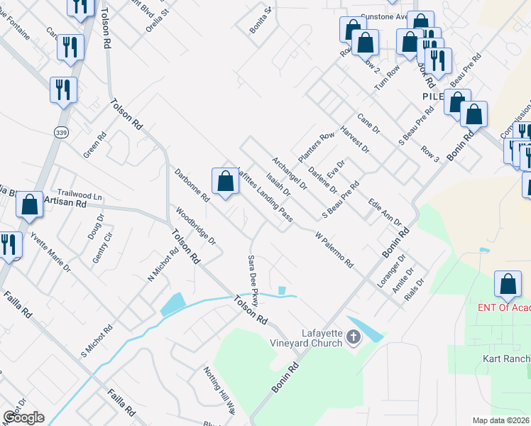 map of restaurants, bars, coffee shops, grocery stores, and more near 307 Barataria Bay Point in Lafayette