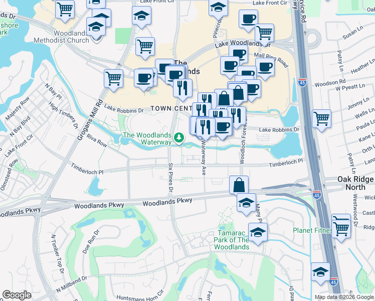 map of restaurants, bars, coffee shops, grocery stores, and more near 2 Waterway Court in The Woodlands