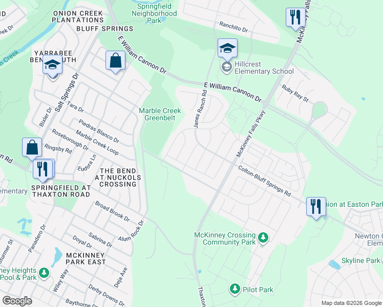 map of restaurants, bars, coffee shops, grocery stores, and more near 7617 Ballydawn Drive in Austin