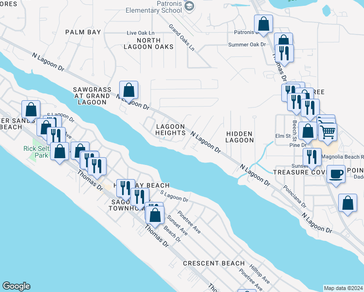 map of restaurants, bars, coffee shops, grocery stores, and more near 7107 Lagoon Drive in Panama City Beach