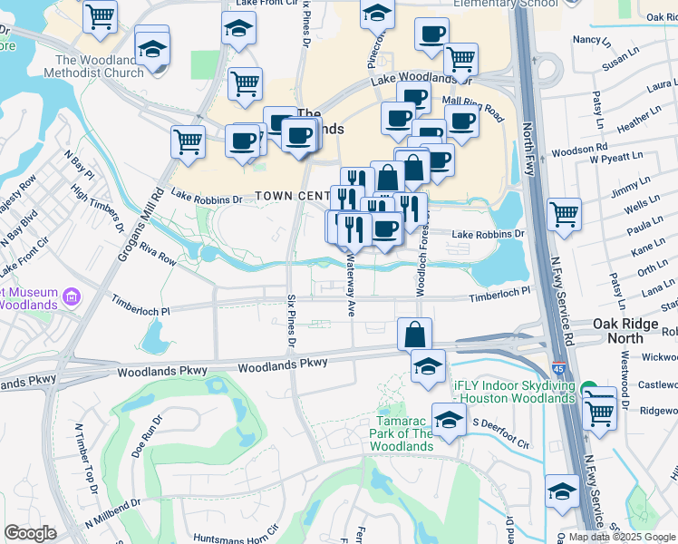 map of restaurants, bars, coffee shops, grocery stores, and more near 2 Waterway Court in The Woodlands
