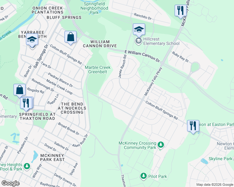 map of restaurants, bars, coffee shops, grocery stores, and more near 7617 Ballydawn Drive in Austin