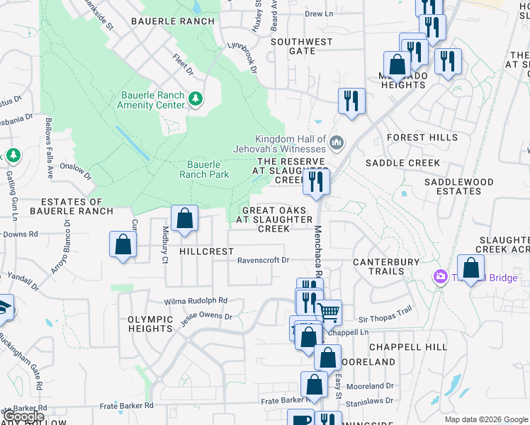 map of restaurants, bars, coffee shops, grocery stores, and more near 2104 Kaiser Drive in Austin