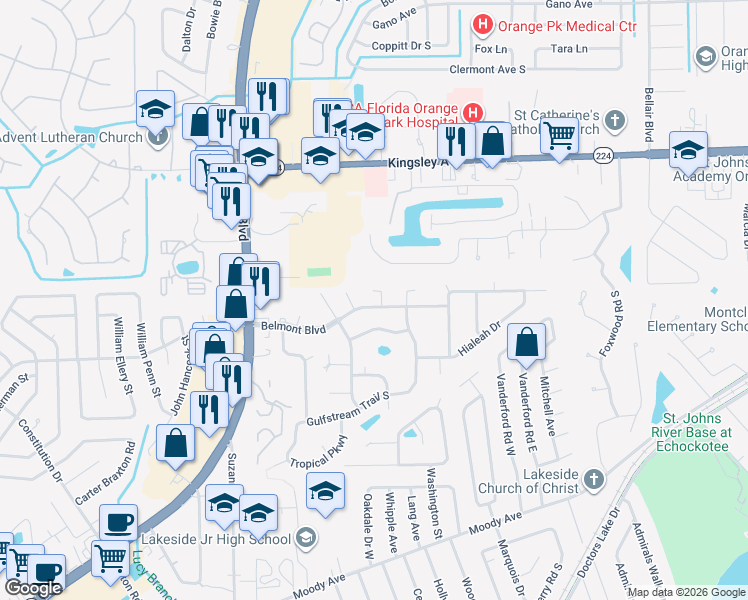 map of restaurants, bars, coffee shops, grocery stores, and more near 64 Belmont Boulevard in Orange Park