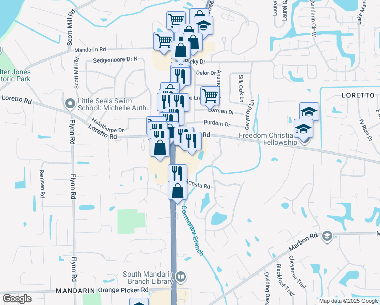 map of restaurants, bars, coffee shops, grocery stores, and more near 11701 San Jose Boulevard in Jacksonville
