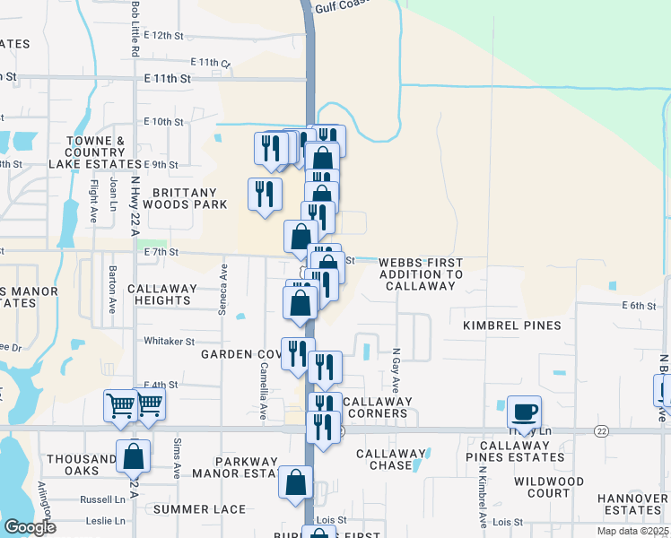 map of restaurants, bars, coffee shops, grocery stores, and more near 626 North Tyndall Parkway in Callaway