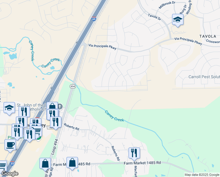 map of restaurants, bars, coffee shops, grocery stores, and more near 19002 Cicerone Court in New Caney