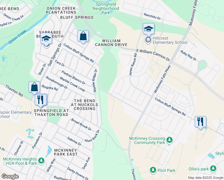 map of restaurants, bars, coffee shops, grocery stores, and more near 7928 Springfield Drive in Austin