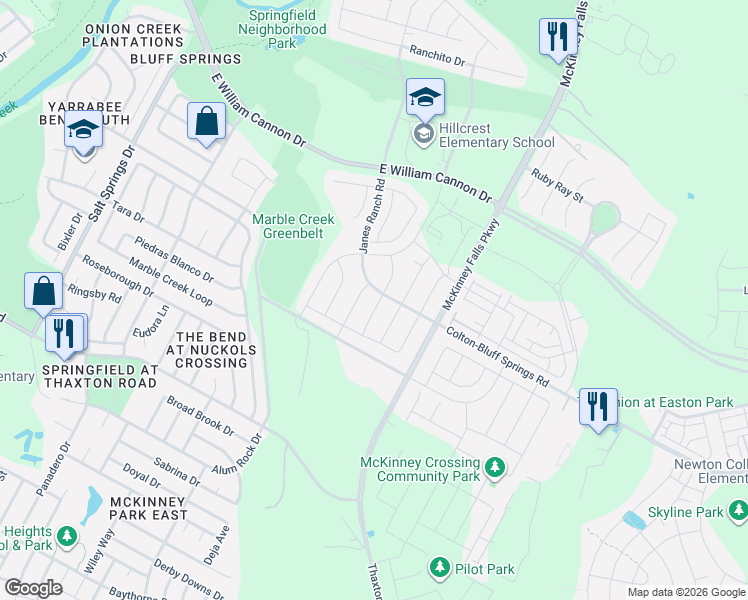 map of restaurants, bars, coffee shops, grocery stores, and more near 7601 Groundhog Way in Austin