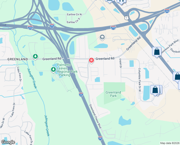 map of restaurants, bars, coffee shops, grocery stores, and more near 6100 Greenland Road in Jacksonville