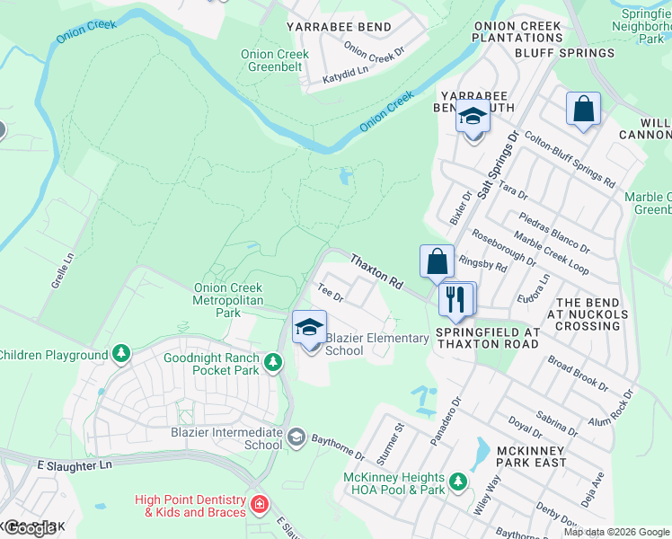 map of restaurants, bars, coffee shops, grocery stores, and more near 7820 Tee Drive in Austin
