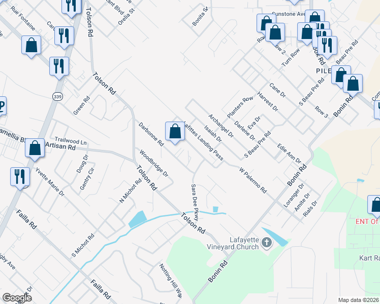 map of restaurants, bars, coffee shops, grocery stores, and more near 101 Caladium Court in Lafayette