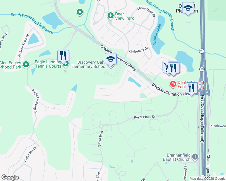 map of restaurants, bars, coffee shops, grocery stores, and more near 695 Briar View Drive in Orange Park