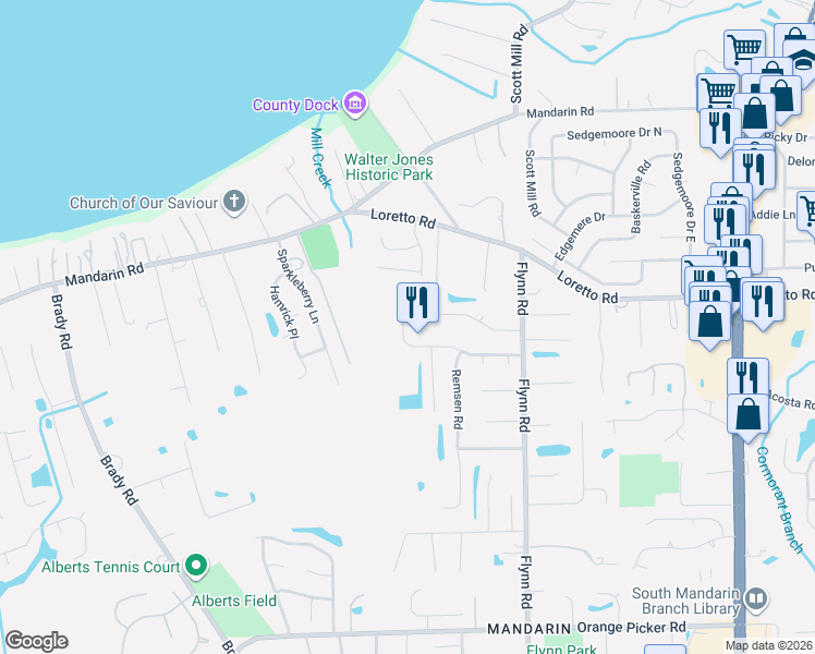 map of restaurants, bars, coffee shops, grocery stores, and more near 2535 Benjamin Road in Jacksonville