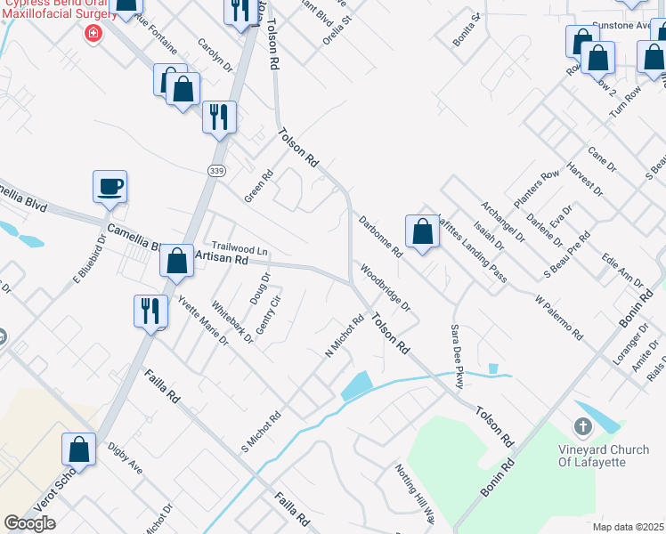 map of restaurants, bars, coffee shops, grocery stores, and more near 307 Artisan Road in Lafayette