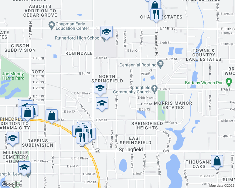 map of restaurants, bars, coffee shops, grocery stores, and more near 680 Helen Avenue in Panama City