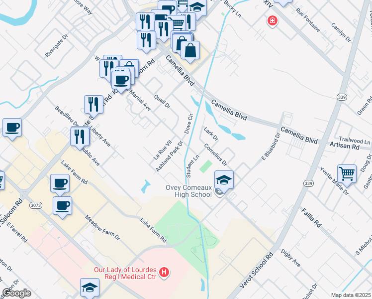 map of restaurants, bars, coffee shops, grocery stores, and more near 141 Dove Circle in Lafayette