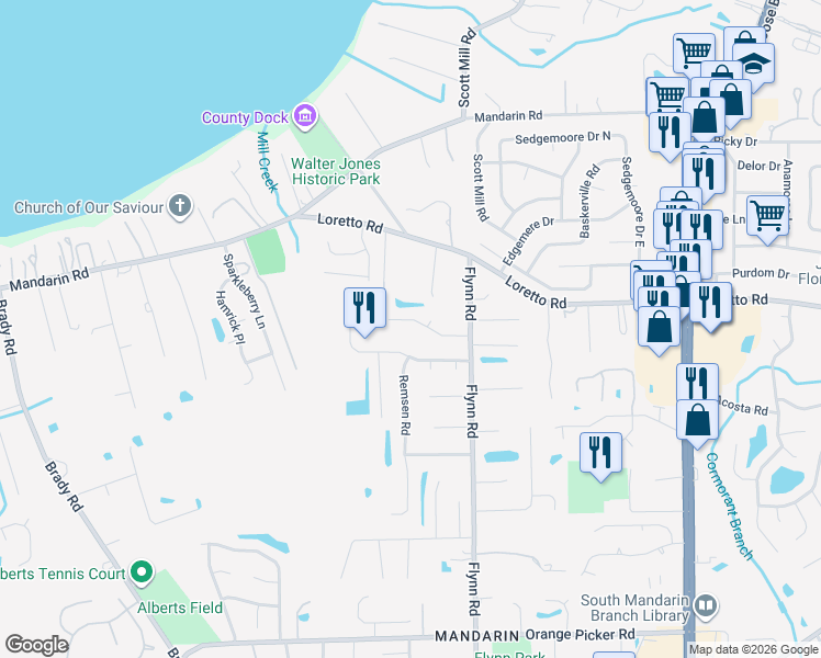 map of restaurants, bars, coffee shops, grocery stores, and more near 2559 Benjamin Road in Jacksonville