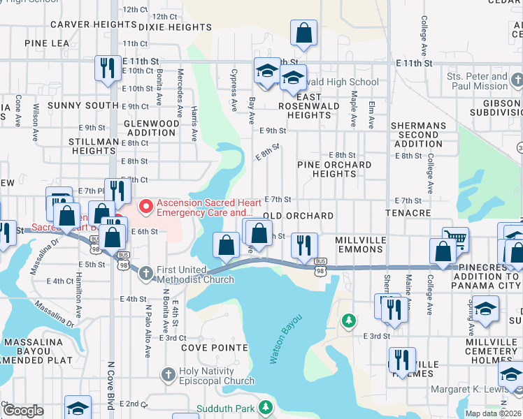 map of restaurants, bars, coffee shops, grocery stores, and more near 701 Williams Avenue in Panama City