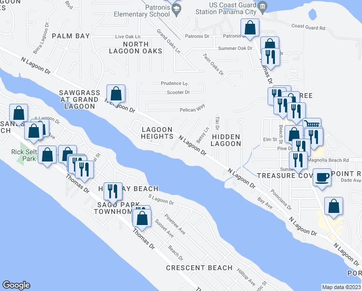 map of restaurants, bars, coffee shops, grocery stores, and more near 318 Hidden Island Drive in Panama City Beach