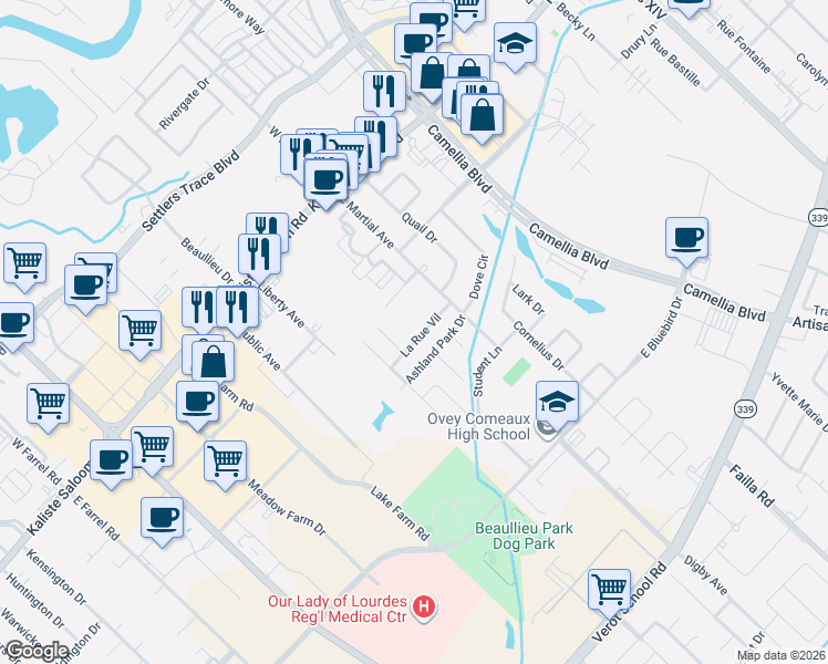 map of restaurants, bars, coffee shops, grocery stores, and more near 300 East Martial Avenue in Lafayette