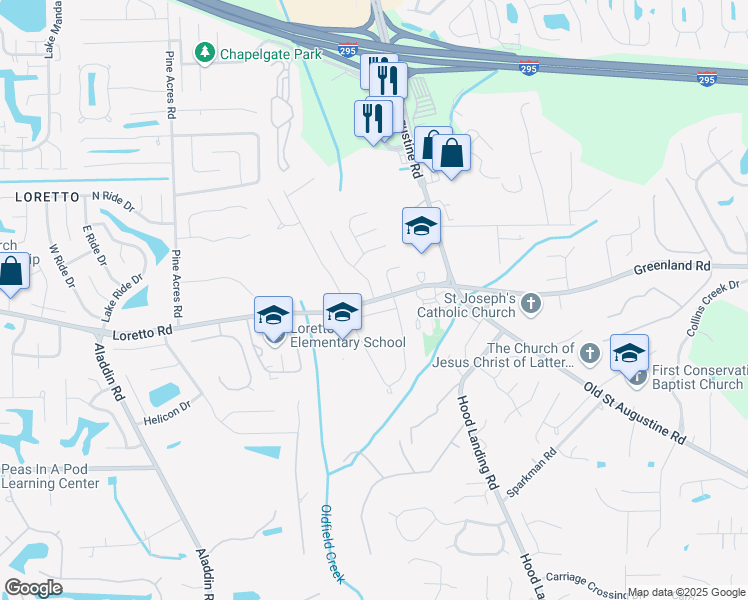 map of restaurants, bars, coffee shops, grocery stores, and more near Loretto Rd & Tyndel Creek Dr in Jacksonville