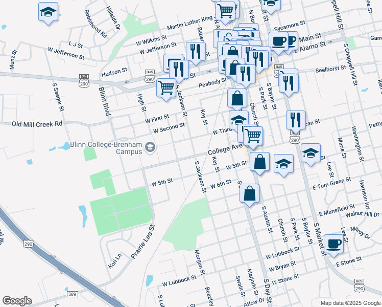 map of restaurants, bars, coffee shops, grocery stores, and more near 605 West Third Street in Brenham