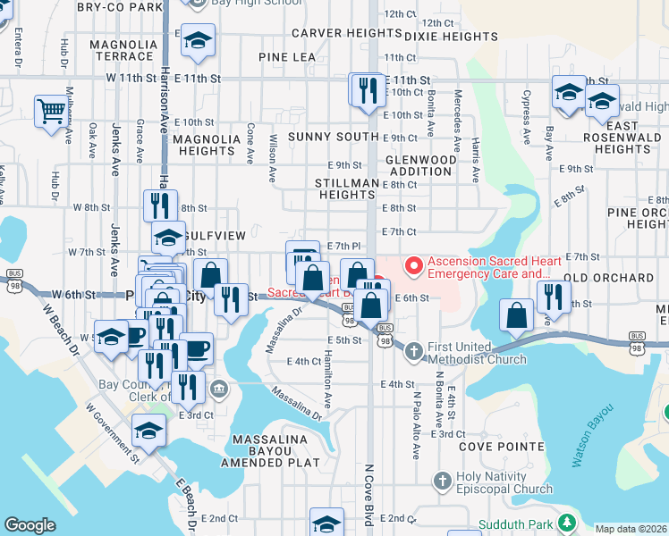 map of restaurants, bars, coffee shops, grocery stores, and more near 633 East 7th Street in Panama City