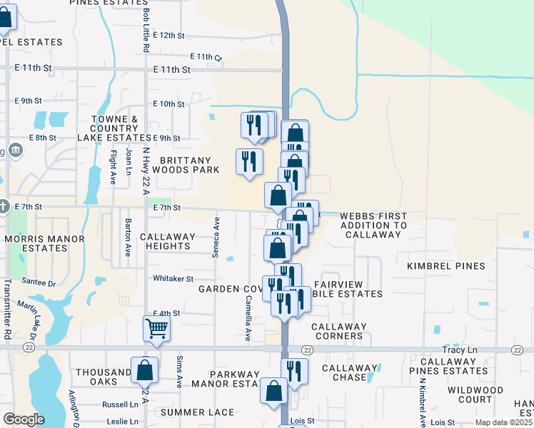 map of restaurants, bars, coffee shops, grocery stores, and more near 817-839 North Tyndall Parkway in Callaway