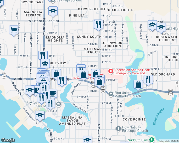 map of restaurants, bars, coffee shops, grocery stores, and more near 633 East 7th Street in Panama City