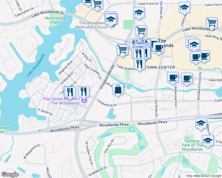 map of restaurants, bars, coffee shops, grocery stores, and more near 2204 Riva Row in The Woodlands