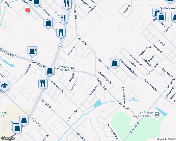 map of restaurants, bars, coffee shops, grocery stores, and more near 307 Artisan Road in Lafayette