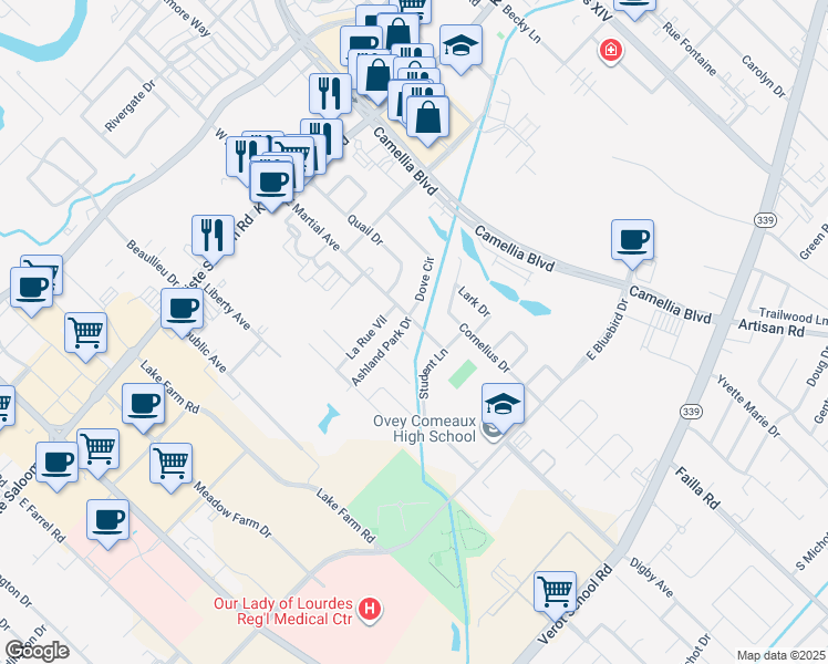 map of restaurants, bars, coffee shops, grocery stores, and more near 141 Dove Circle in Lafayette