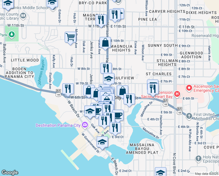 map of restaurants, bars, coffee shops, grocery stores, and more near 606 Harrison Avenue in Panama City