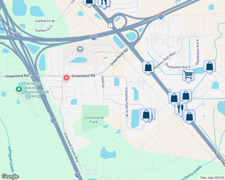 map of restaurants, bars, coffee shops, grocery stores, and more near 6401 Cordial Drive in Jacksonville
