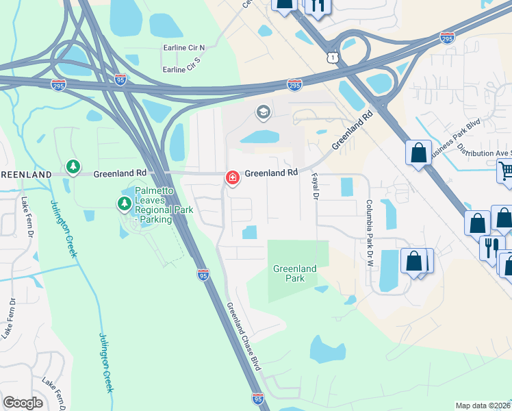map of restaurants, bars, coffee shops, grocery stores, and more near 11726 Greenada Drive in Jacksonville
