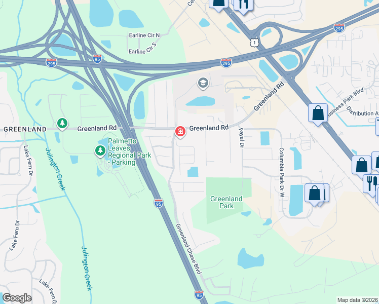 map of restaurants, bars, coffee shops, grocery stores, and more near 6100 Greenland Road in Jacksonville