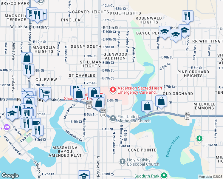 map of restaurants, bars, coffee shops, grocery stores, and more near 803 East 7th Street in Panama City