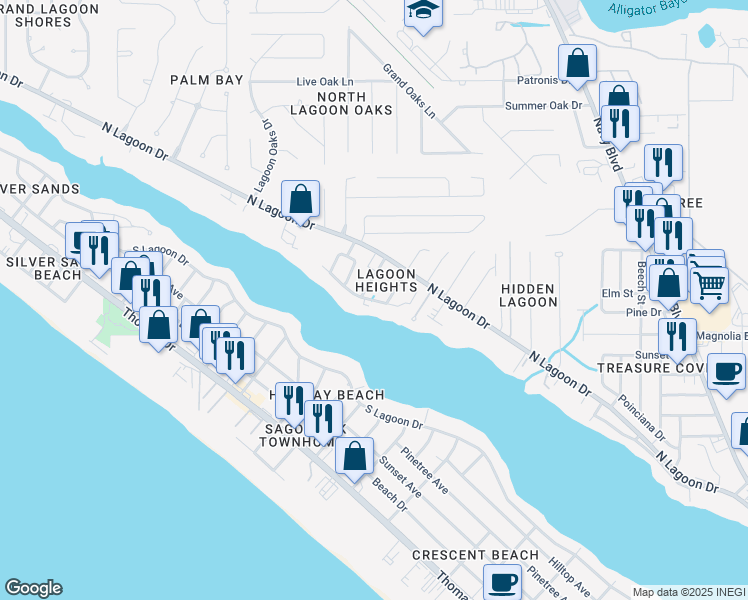 map of restaurants, bars, coffee shops, grocery stores, and more near 7110 Lagoon Drive in Panama City