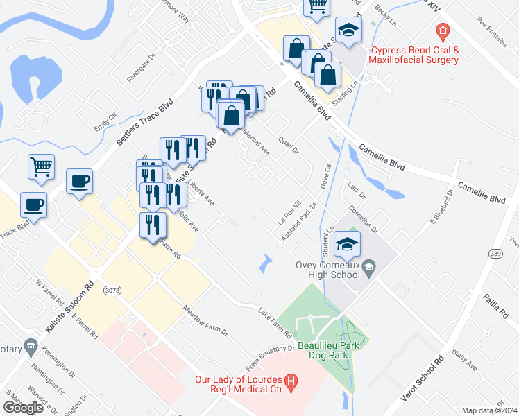 map of restaurants, bars, coffee shops, grocery stores, and more near 115 Eldridge Drive in Lafayette
