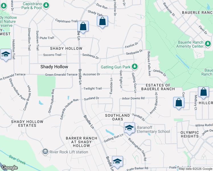 map of restaurants, bars, coffee shops, grocery stores, and more near 3102 Twilight Trail in Austin