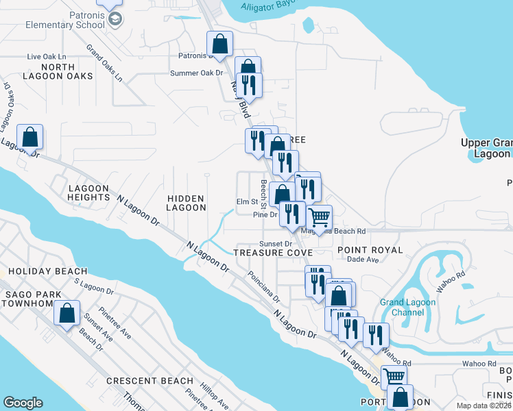 map of restaurants, bars, coffee shops, grocery stores, and more near 2341-2367 Beech Street in Panama City