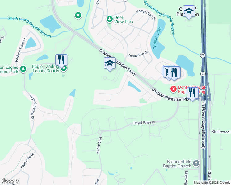 map of restaurants, bars, coffee shops, grocery stores, and more near 680 Briar View Drive in Orange Park